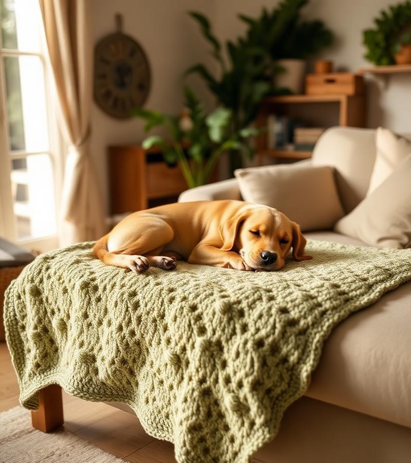 Sage green pet blanket with sleeping dog