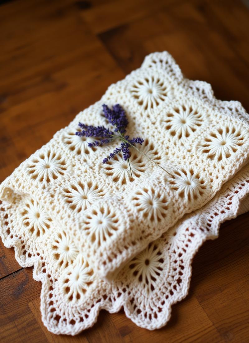 Ivory wedding afghan with lavender