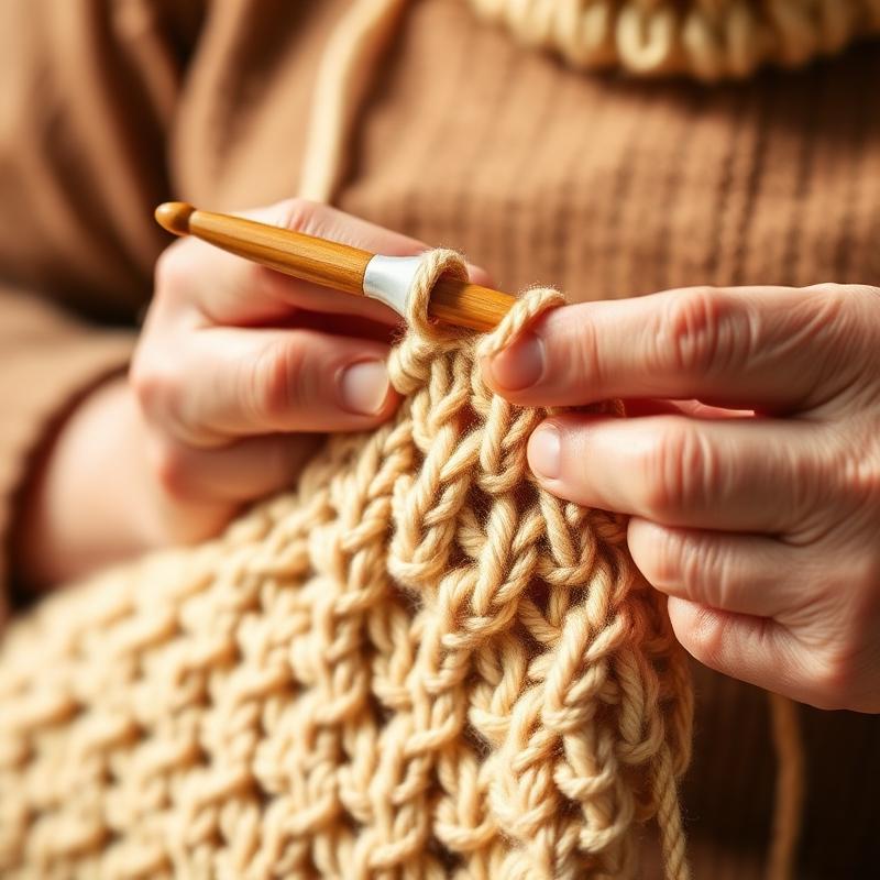 Hands crocheting honey colored yarn